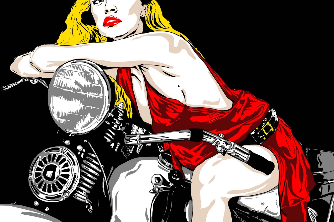 Eine Frau mit rotem Kleid und blonden Haaren sitzt auf einem Motorrad