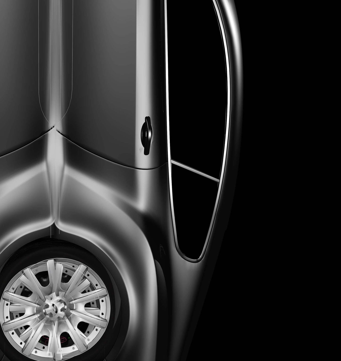 ein Oberklasse coupé gespiegelt und an der Unterseite zusammengesetzt vor schwarzem Hintergrund, Detailansicht der Hinterräder
