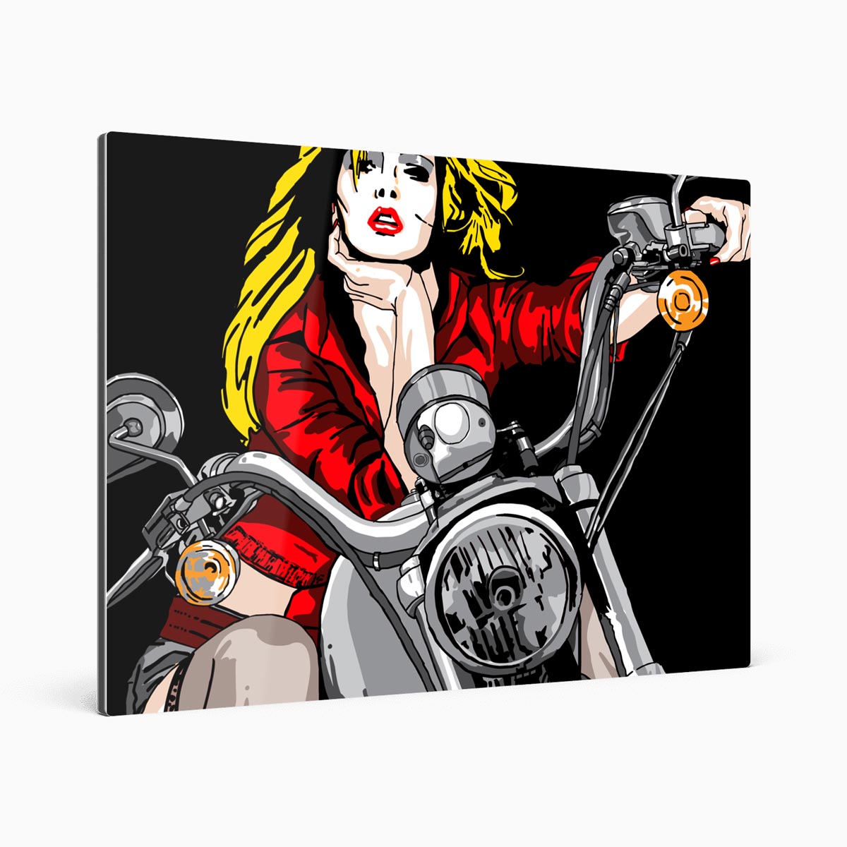 Frau mit roter Jacke und blonden Haaren sitzt auf Motorrad, Gemälde als Fineart Print, Perspektive von links gekippt