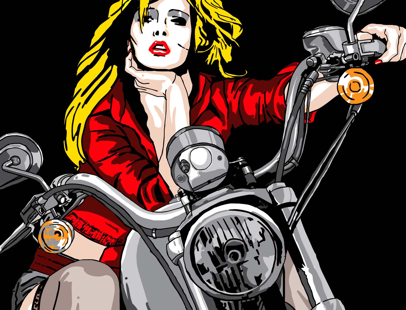 Frau mit roter Jacke und blonden Haaren sitzt auf Motorrad, Gemälde als Fineart Print