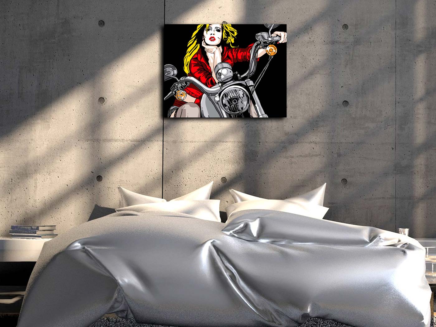 Frau mit roter Jacke und blonden Haaren sitzt auf Motorrad, Gemälde als Fineart Print, an heller wand in einem Schlafzimmer hängend