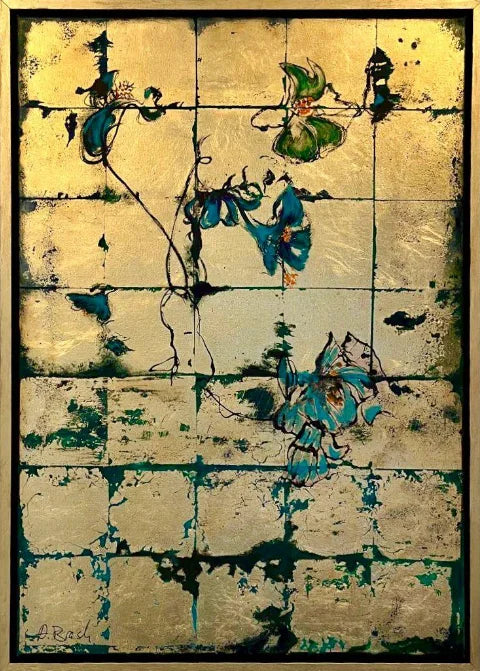 Blattgold und Schlagmetall auf Leinen, goldfarbene Quadrate mit einem feinen Blumenmuster in einem goldfarbenen Rahmen.