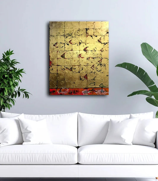 Ein goldfarbenes Gemälde im Hochformat mit quadratischen Feldern aus Blattgold und Schlagmetall, Fische sind auf der Fläche zu sehen, unten ist ein rotes Feld zu sehen. An einer hellen Wand hinter einem weißen Sofa hängend.