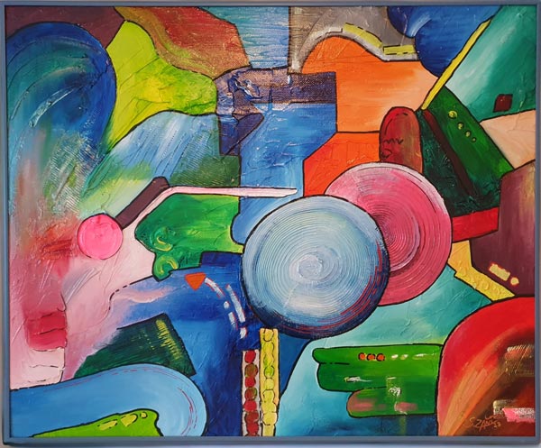 Das blaugerahmte, abstrakte Acrylgemälde auf Leinwand "Contemporary-Abstract2 " der Künstlerin Sara Schubert zeigt farbige Formen und Flächen, 70cm x 60cm