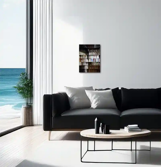 Das Bild Femme Fatale hängt an der Wand eines modern eingerichteten Wohnraumes