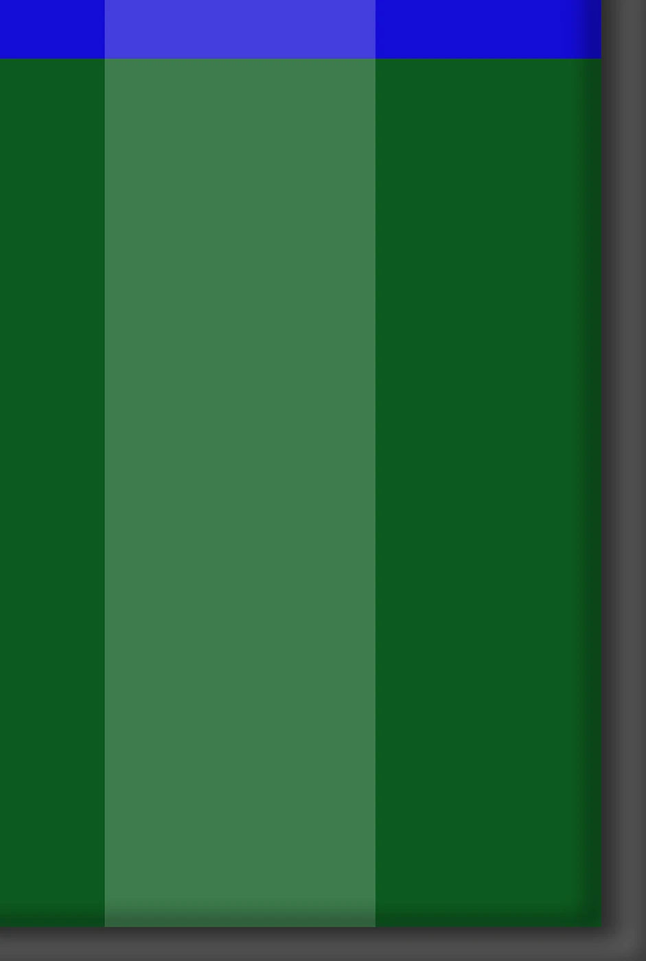 Abstraktes Kunstwerk mit horizontal geteilten Flächen: Oben vertikale Streifen in verschiedenen Blautönen, unten vertikale Streifen in dunklen und hellen Grüntönen. Geometrische Strukturen.Details der grünen Struktur.