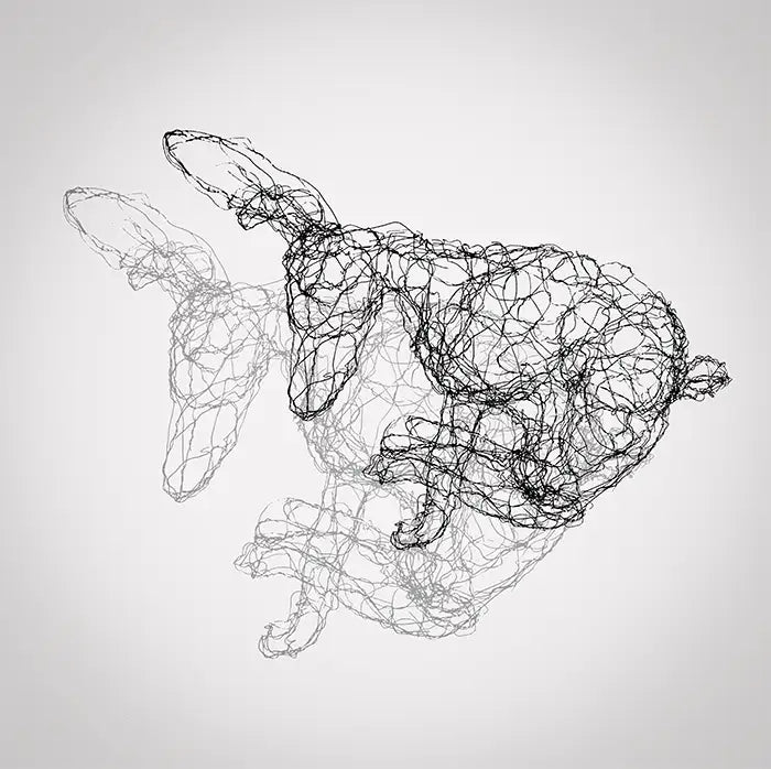 Fineart Print der Drahtfigur eines rennenden Hasen mit Schatten  vor hellem Hintergrund