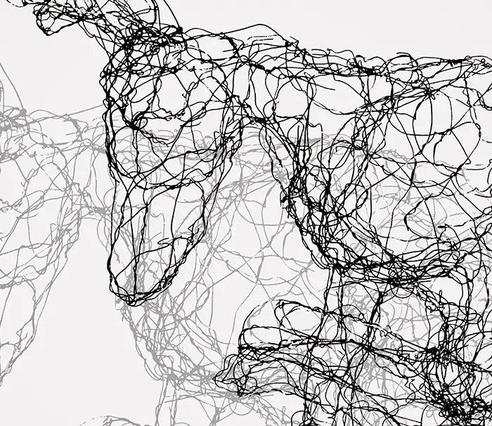 Fineart Print der Drahtfigur eines rennenden Hasen mit Schatten  vor hellem Hintergrund, Detailansicht Draht