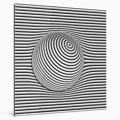 Gestreifte Kugel auf Hintergrund mit horizontalen streifen, Kugel verformt den Hintergrund auf weißer Wand hängend.