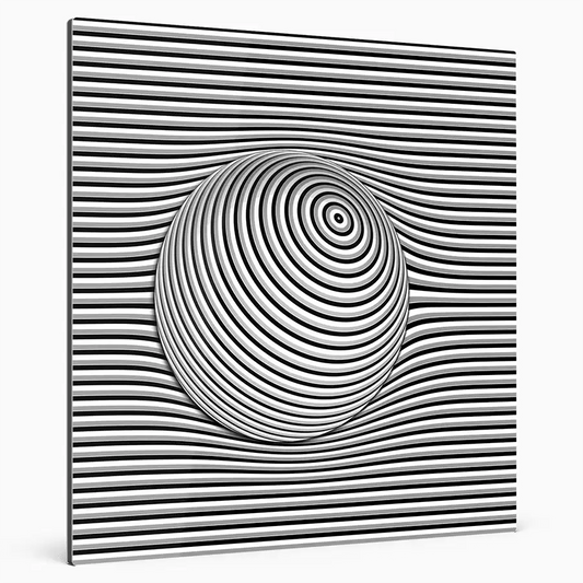 Gestreifte Kugel auf Hintergrund mit horizontalen streifen, Kugel verformt den Hintergrund auf weißer Wand hängend.