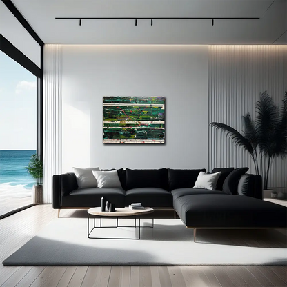 abstraktes Gemälde mit verschiedenen Grüntönen, an heller Wand hängend in modernem Wohnraum mit schwarzem  Sofa