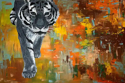 Acrylgemälde eines Tigers vor farbigem Hintergrund, Quadratisch, Detail Tiger