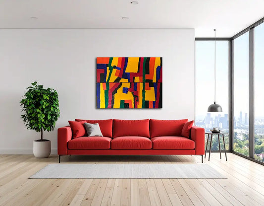 Grosses abstraktes Gemälde, Farbfeldmalerei, Gelb, Rot, Blau, Grün in dynamischen Anordnungen auf einer hellen Wand hängend hinter einem roten Sofa
