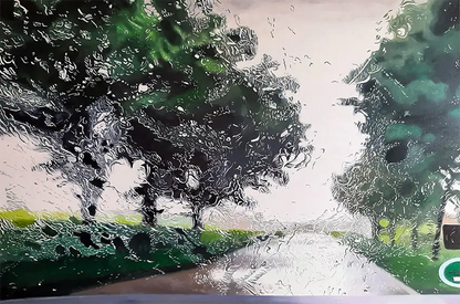 Ölgemälde, Querformat, eine Baumallee aus einem Auto gesehen im Regen, Tropfen sind auf der Scheibe zu sehen