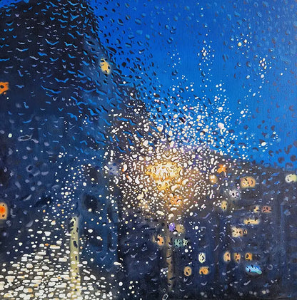 ölgemälde, quadratisch, Blick durch eine regennasse Scheibe auf ein Gebäude, Nachtstimmung, Reflexionen von Lampen