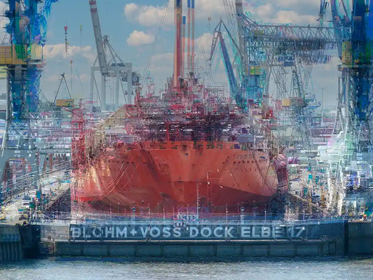 Rotes Offshore Schiff im Dock Elbe 17 in Hamburg mit Überlagerungen