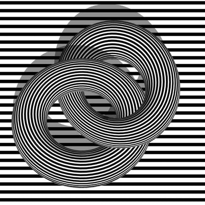 Zwei ineinander verflochtene gestreifte Ringe vor einem horizontal gestreiften Hintergrund, Farbe schwarz Weiß