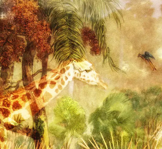 eine Zeichnung des brasilianischen Urwalds als Komposition mit einer Giraffe, gelbe und braune Farbtöne, Details der Pflanzen