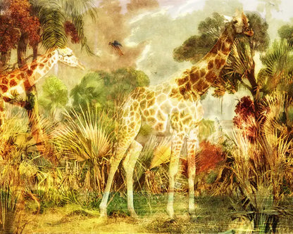 eine Zeichnung des brasilianischen Urwalds als Komposition mit einer Giraffe, gelbe und braune Farbtöne