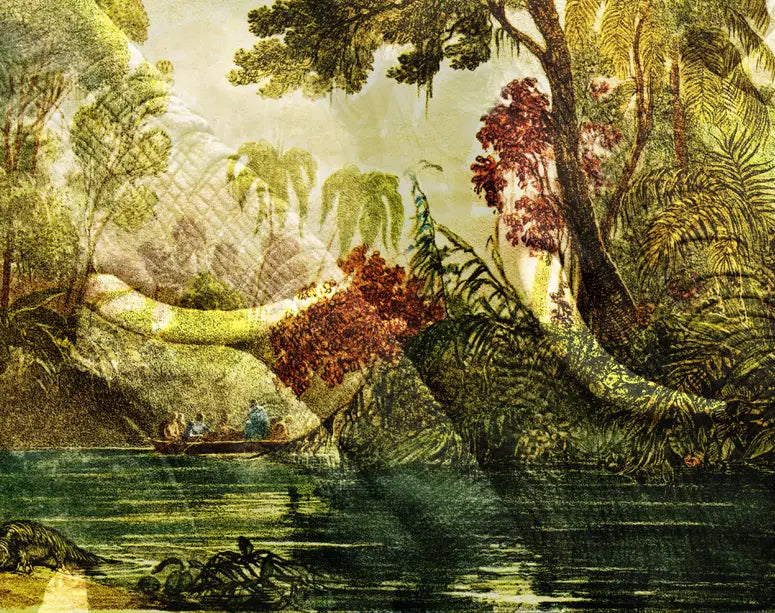 eine Zeichnung des brasilianischen Urwalds als Komposition mit einem Elefanten, gelbe, grüne und braune Farbtöne, Details des Elefanten