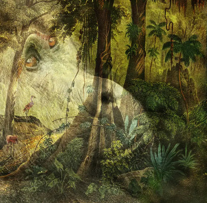 eine Zeichnung des brasilianischen Urwalds als Komposition mit einem Gorilla, gelbe, grüne und braune Farbtöne, Details Gorilla