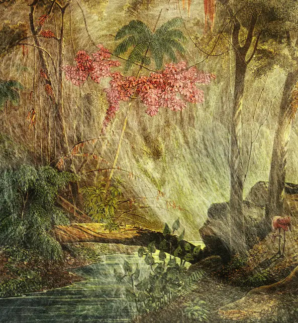 eine Zeichnung des brasilianischen Urwalds als Komposition mit einem Gorilla, gelbe, grüne und braune Farbtöne, Details Pflanzen