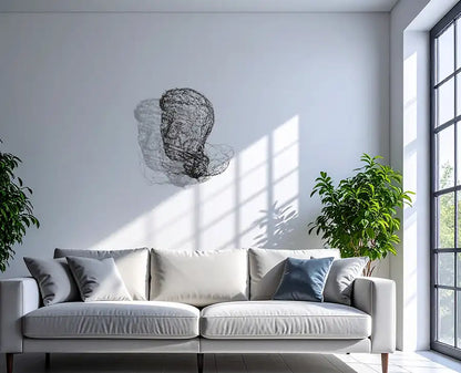 Der Kopf von Helmut Schmidt als Drahtskulptur mit Schatten von rechts, an heller wand hängend mit grauem Sofa