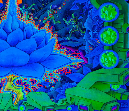 querformat, Neonfarben blau, grün, orange, ein blauer Schamane sitzt vor einem Baum, Phantasielandschaft, Details Landschaft