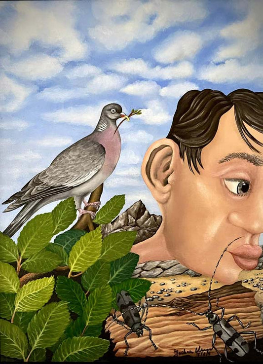 Taube an menschlichem Ohr, Taube Ohren ist ein surrealistisches Ölgemälde von Jochen Meyer