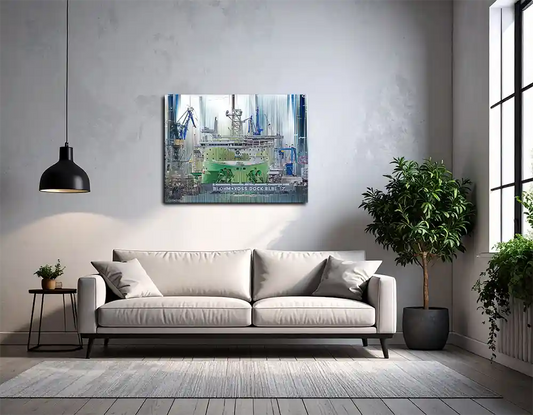 Bild hängt an einer hellgrauen Wand mit hellem Sofa und kleinem Baum