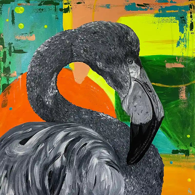Acrylgemälde eines Flamingos vor farbigem Hintergrund, Hochformat