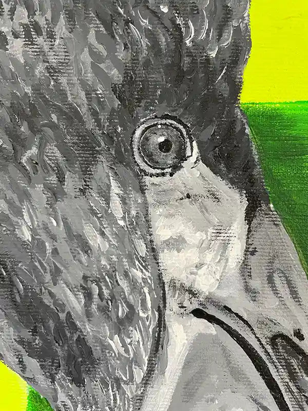 Acrylgemälde eines Flamingos vor grünem Hintergrund, Hochformat, Detail Augen