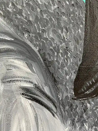 Acrylgemälde eines Flamingos vor grünem Hintergrund, Hochformat, Detail Gefieder