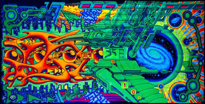 querformat, Neonfarben grün, orange, violett, blau, Strukturen eines Raumschiffes, eine blaue Galaxie