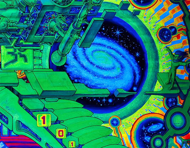 querformat, Neonfarben grün, orange, violett, blau, Strukturen eines Raumschiffes, eine blaue Galaxie, Details der Galaxie