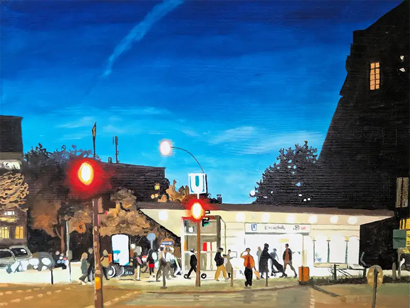 Ölgemälde einer U-Bahnstation in Hamburg in Abendstimmung, Menschen, Ampeln, Autos, Stadtstimmung