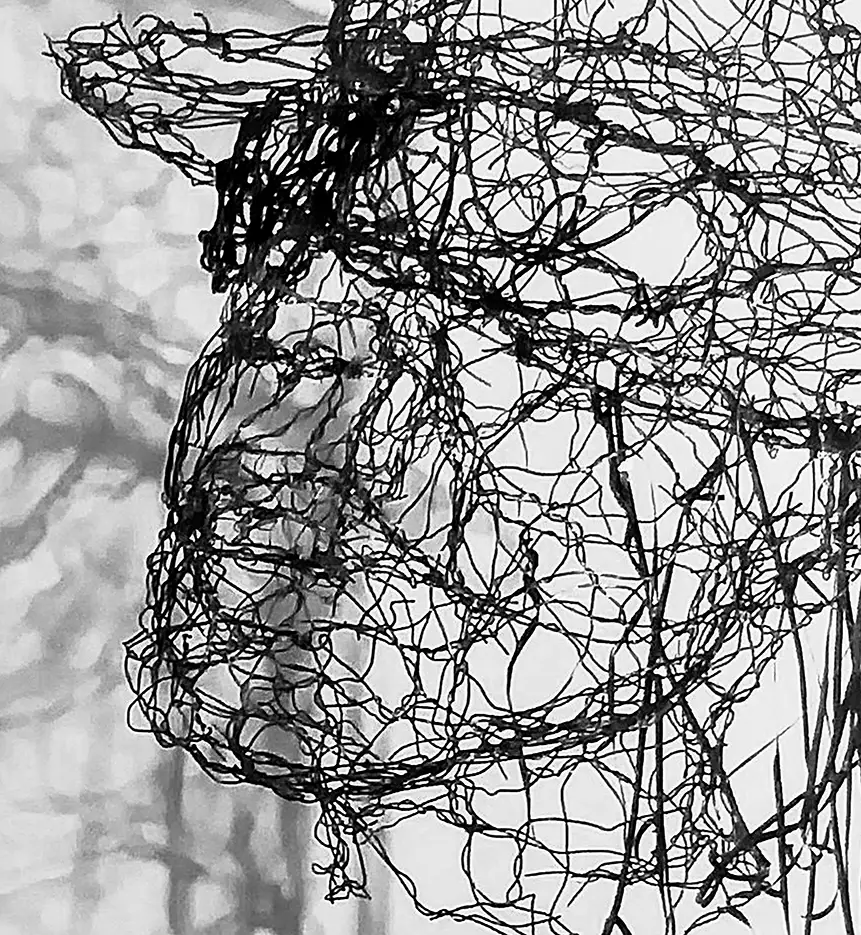 Das foto der Drahtskulptur von Udo Lindenberg als Fineartprint vor weißem Hintergrund, Detailansicht des Drahtes