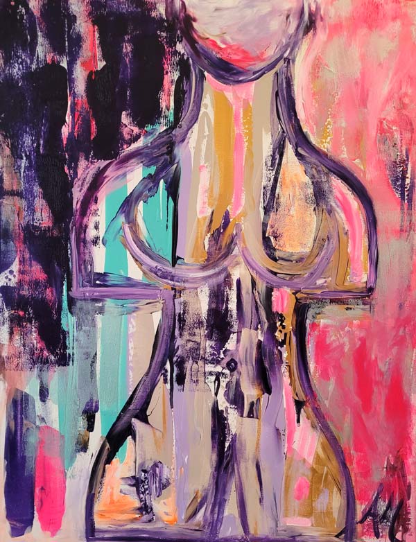 Auf einer vielfarbigen Leinwand deuten Konturen einen menschlichen Torso an, Acrylgemälde auf Leinwand von Annette Murphy