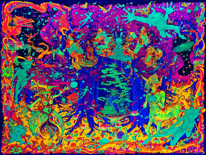 querformat, Neonfarben Violett, Grün, Orange, blau, Phantasiegestalten in einem Wald, fliegende und stehende Wesen