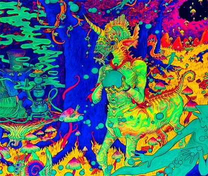 querformat, Neonfarben Violett, Grün, Orange, blau, Phantasiegestalten in einem Wald, fliegende und stehende Wesen, Detail eines Phantasiewesens.