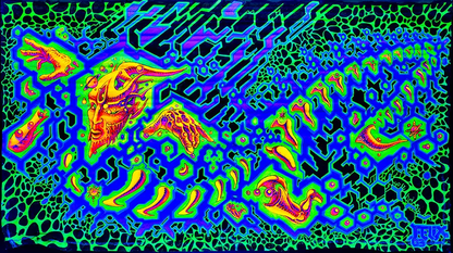 querformat, neon Farben grün, gelb, orange, symetrische Strukturen, ein Kopf und Hände