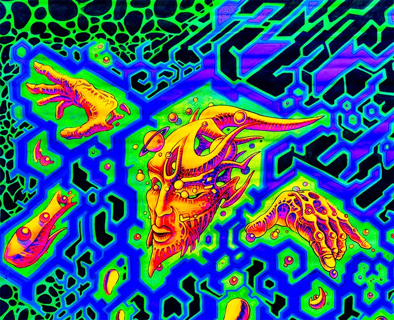 querformat, neon Farben grün, gelb, orange, symetrische Strukturen, ein Kopf und Hände, Detail Kopf