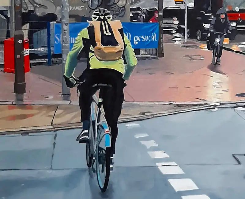 Ölgemälde, quadratisch, strassenszene in Hamburg Altona, Radfahrer, eine Bahnbrücke, Autos, Detail Radfahrer