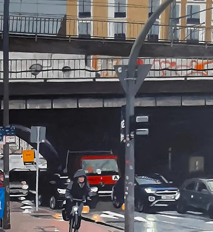 Ölgemälde, quadratisch, strassenszene in Hamburg Altona, Radfahrer, eine Bahnbrücke, Autos, Detail Brücke und Ampel