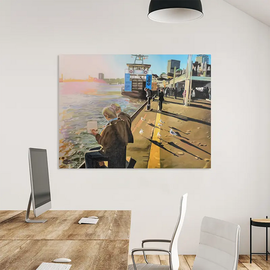 Landungsbrücken Hamburg, Ölgemälde, Bild hängt an einer hellen Wand mit Tisch