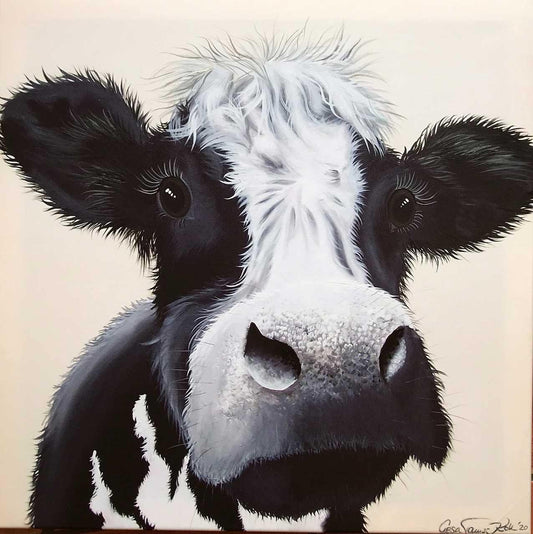 Freundliche Kuh, gemalt, schwarz weiß