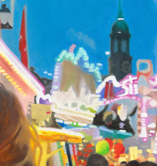 Fineart Print des Gemäldes Hamburger-Dom, Format quadrat auf Alu-Dibond, Detailansicht mit Michel